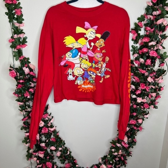 Nickelodeon 90s Cartoons Red Cropped Long Sleeve Graphic Shirt Womens Medium - Picture 1 of 9